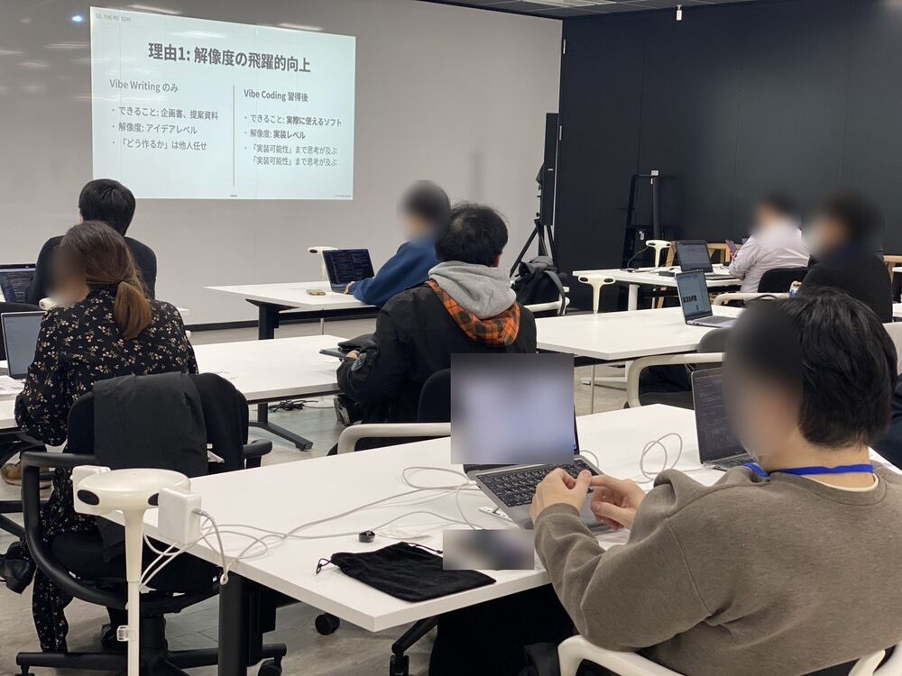 勉強会で、参加者がそれぞれの業務で使い方を確かめている(顔はぼかし)